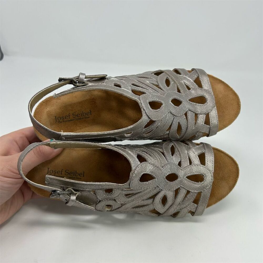 Josef Seibel Silver Leather Slingback Sandals Size 38 (US 7-7.5) Open Toe Casual - Picture 12 of 13
